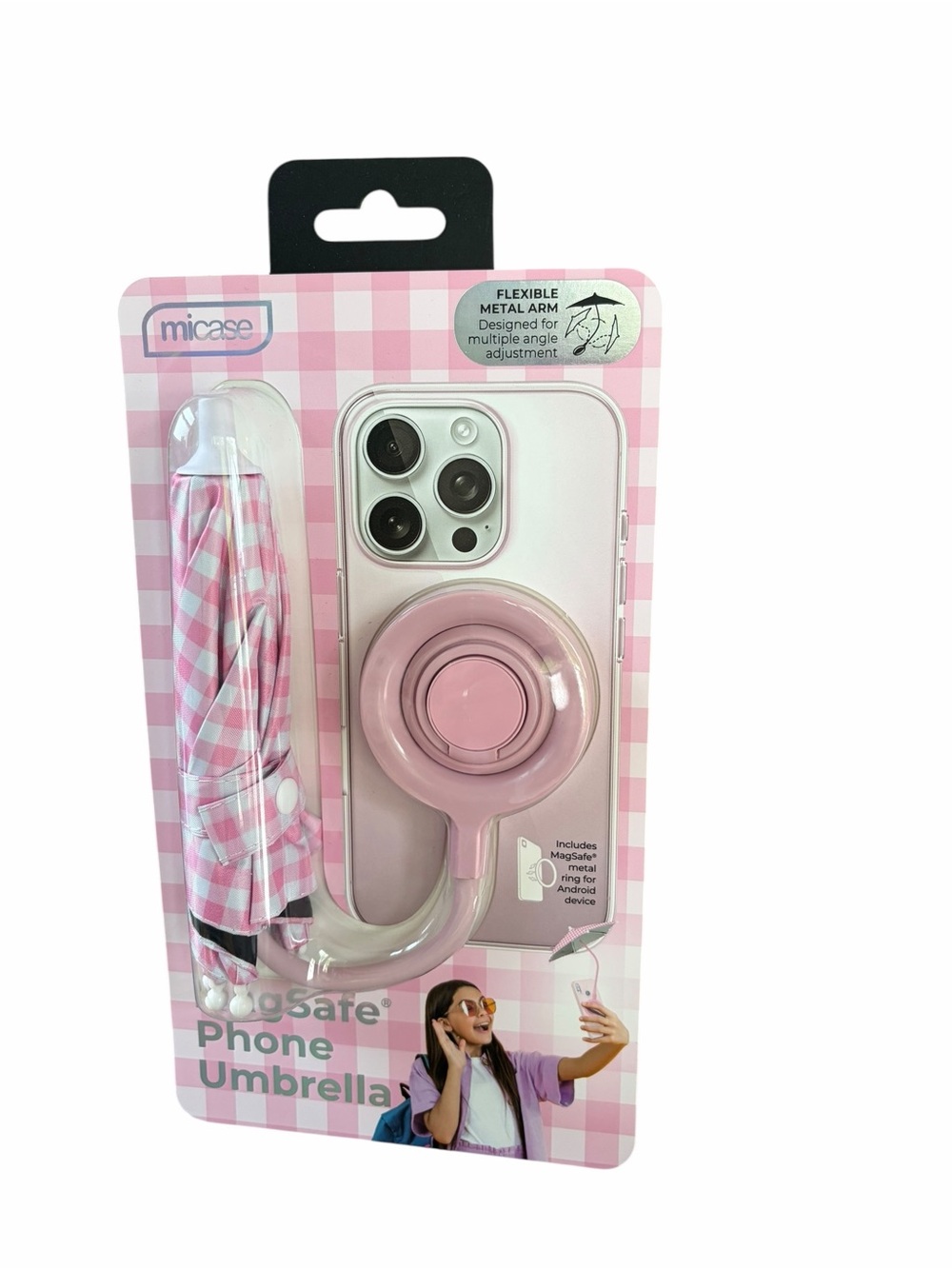 Pink & White Gingham Phone Umbrella Sun Shade Water Protection MagSafe